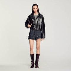 Sandro / Distressed leather jacket Black