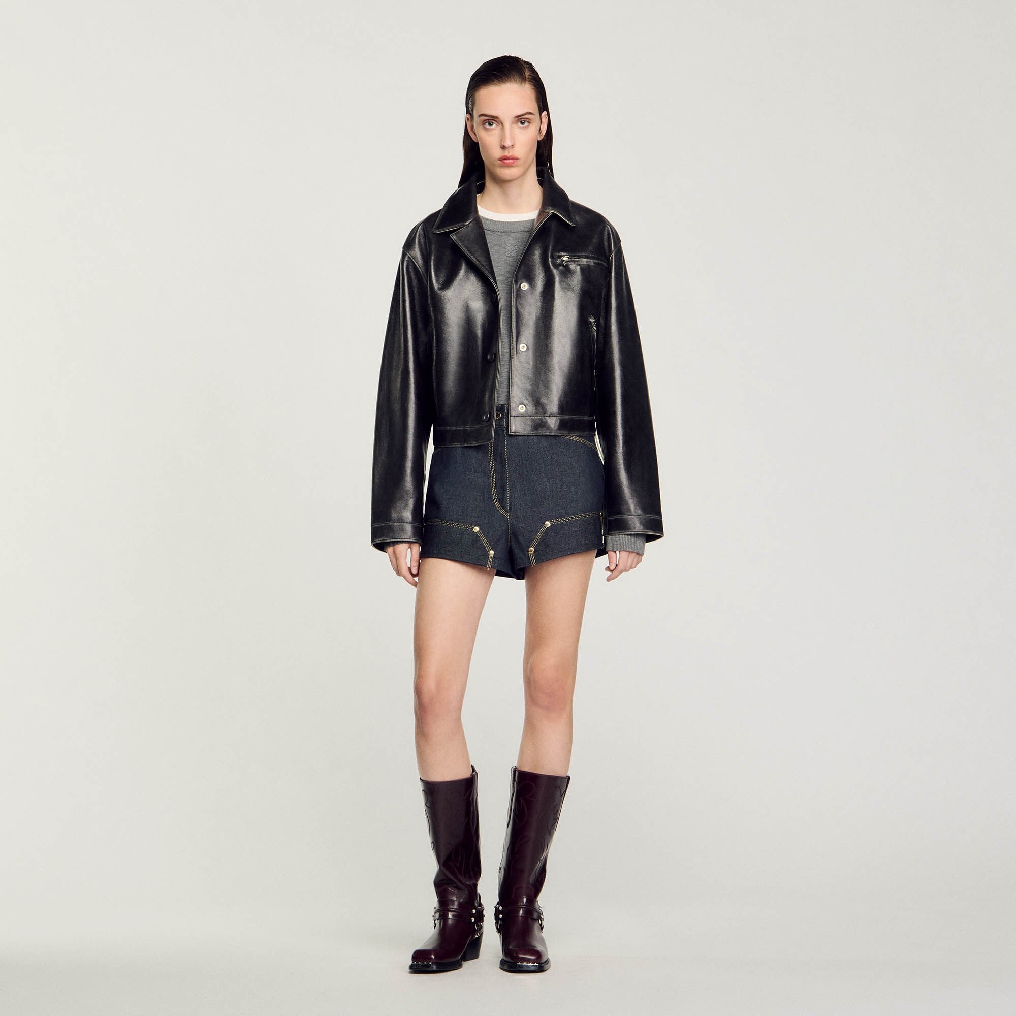 Sandro / Distressed leather jacket Black