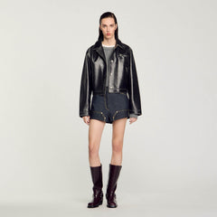 Sandro / Distressed leather jacket Black