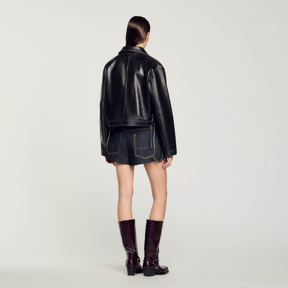 Sandro / Distressed leather jacket Black