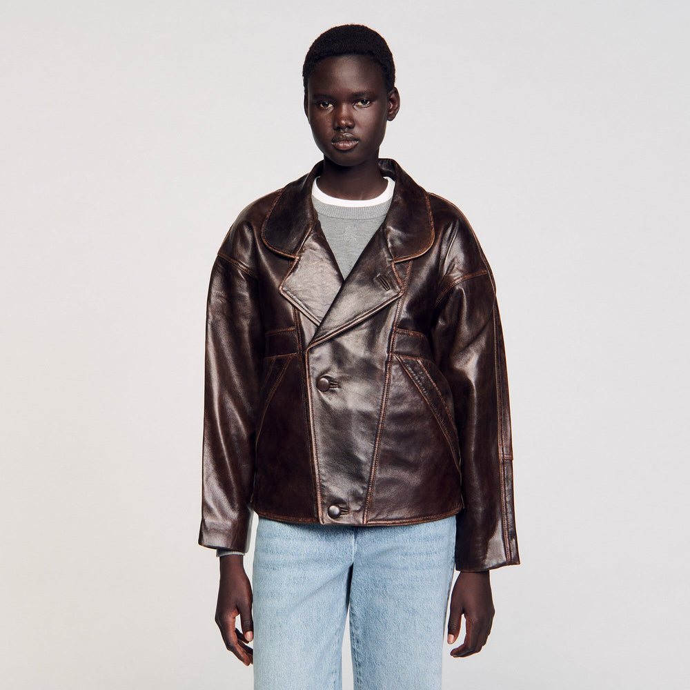 Sandro / Oversized leather jacket Brown