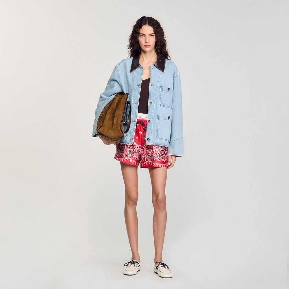 Sandro / Denim jacket with leather collar Light Bu Jean