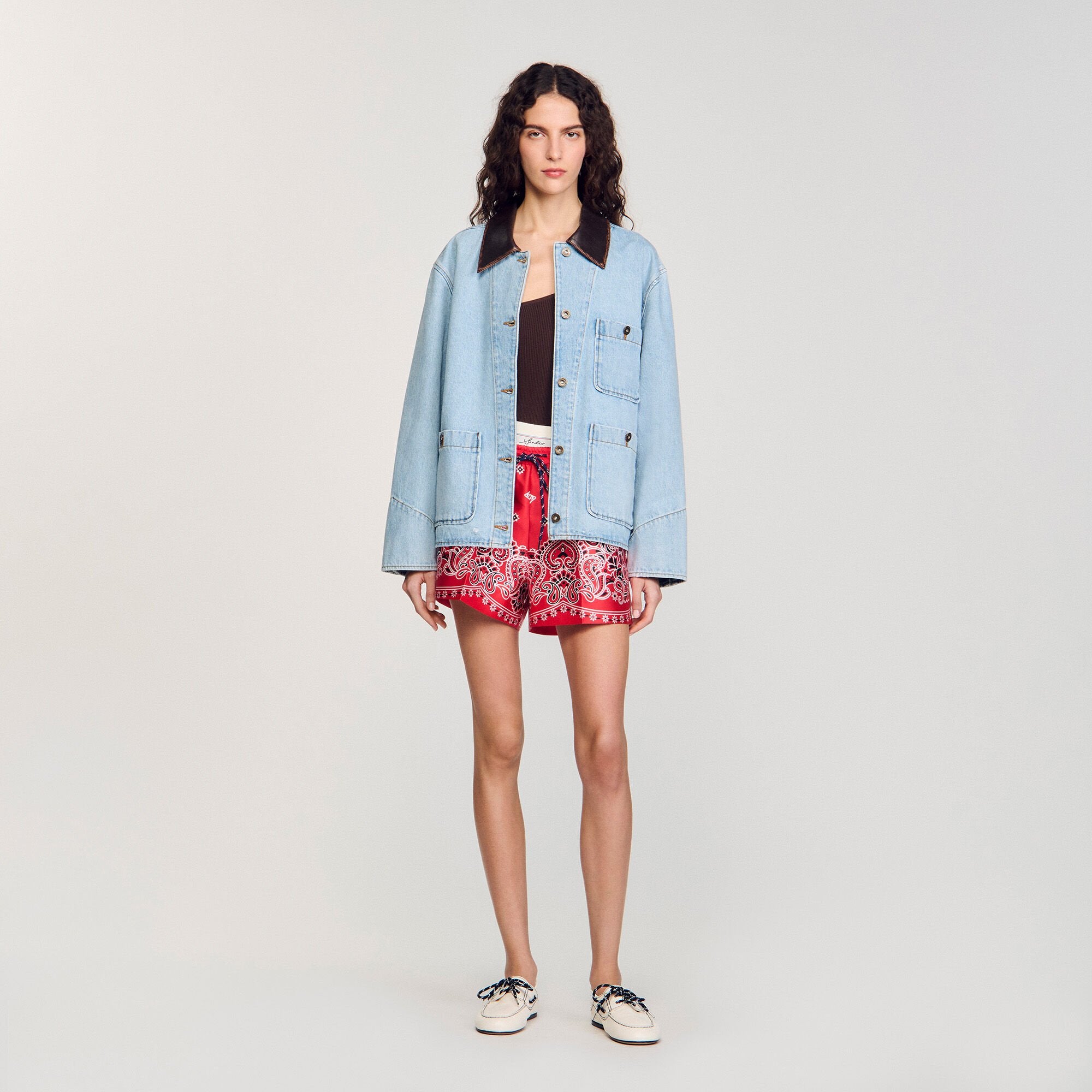 Sandro / Denim jacket with leather collar Light Bu Jean