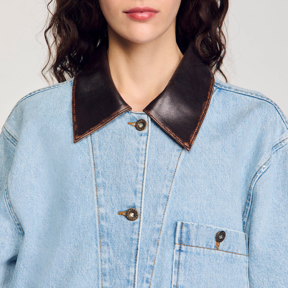 Sandro / Denim jacket with leather collar Light Bu Jean