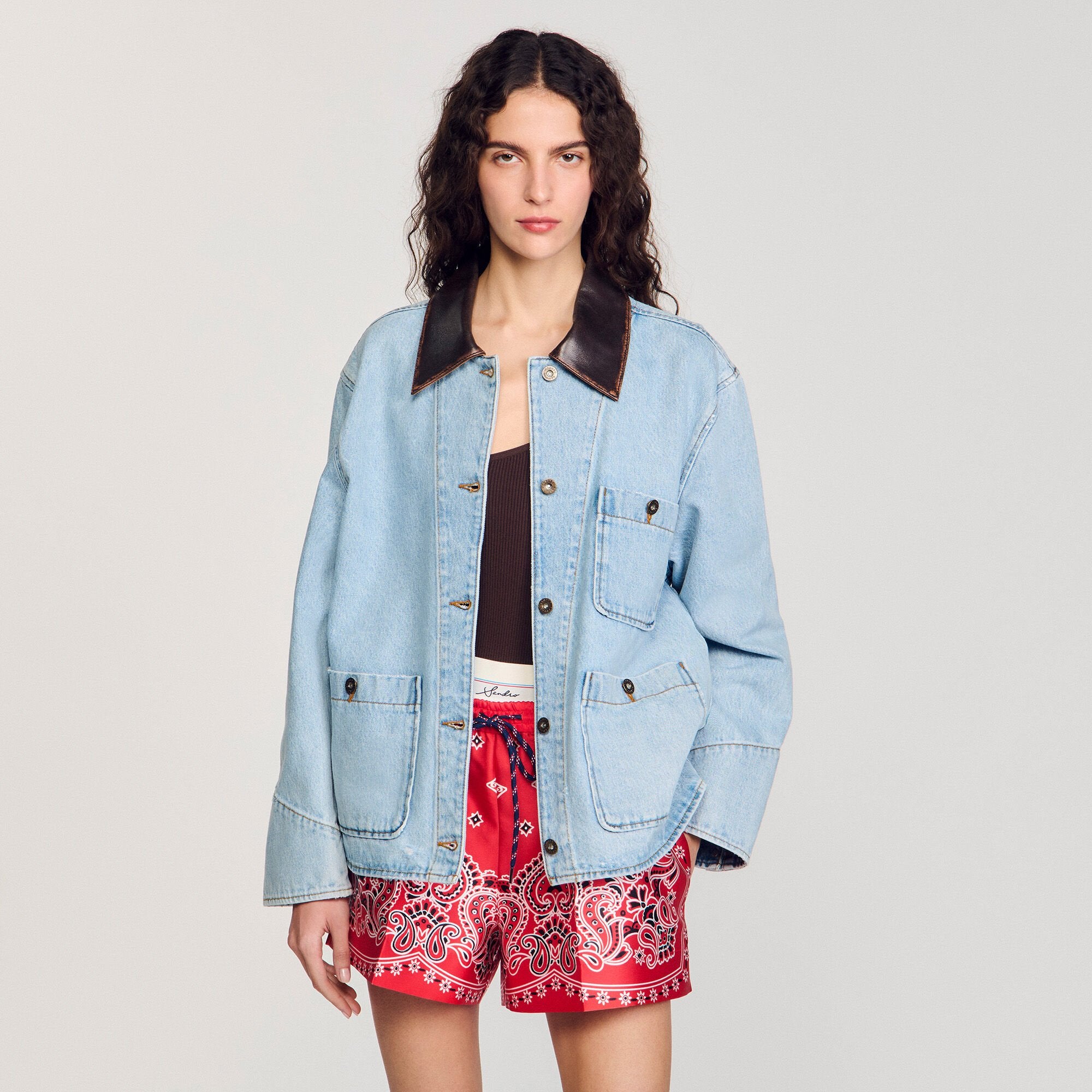 Sandro / Denim jacket with leather collar Light Bu Jean