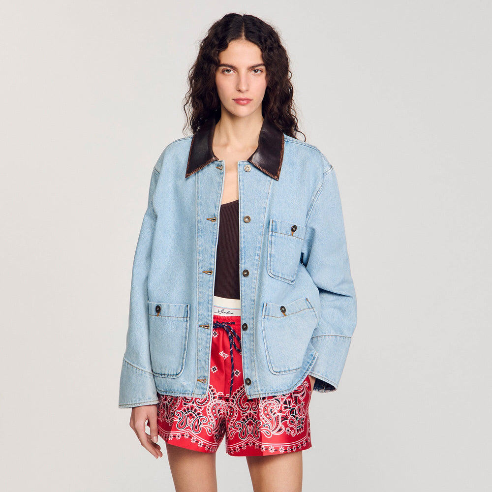 Sandro / Denim jacket with leather collar Light Bu Jean