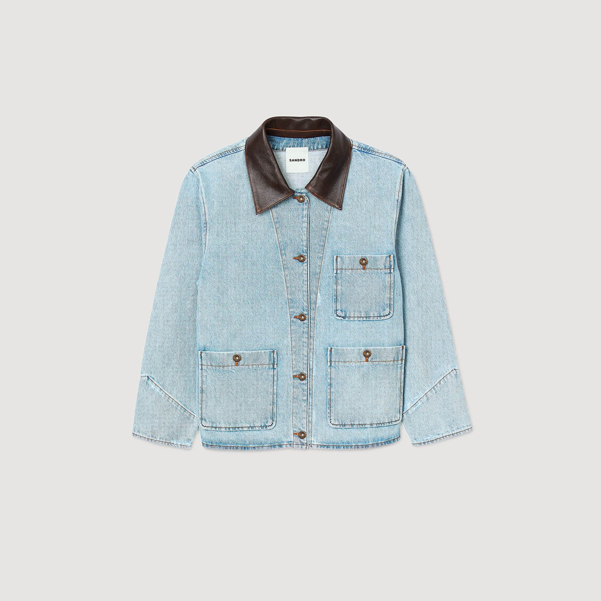 Sandro / Denim jacket with leather collar Light Bu Jean