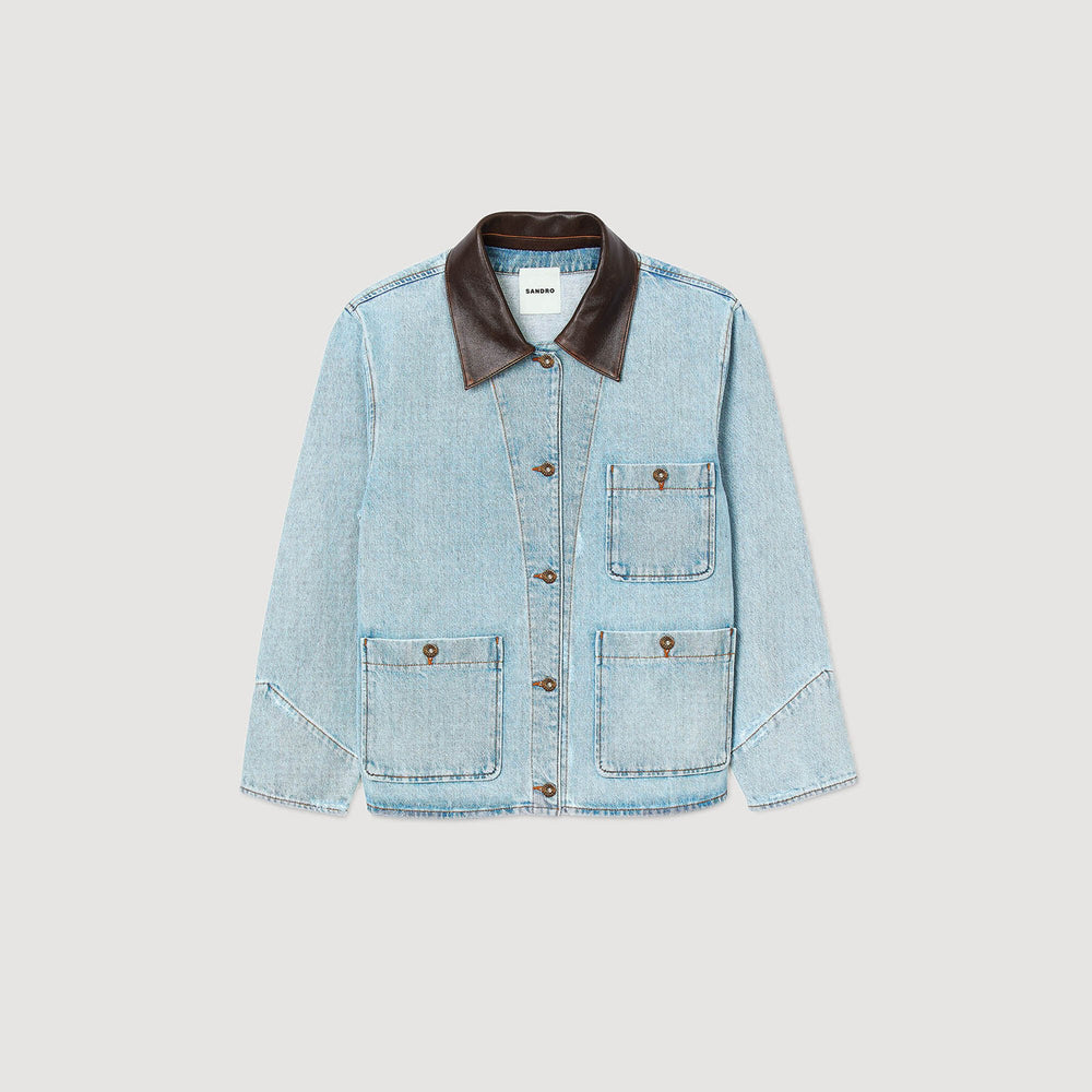Sandro / Denim jacket with leather collar Light Bu Jean