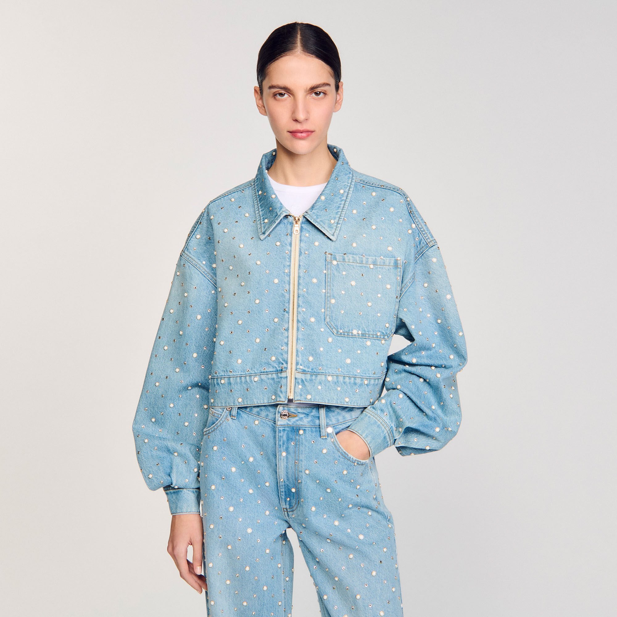 Sandro / Beaded and rhinestone denim jacket Blue Jean