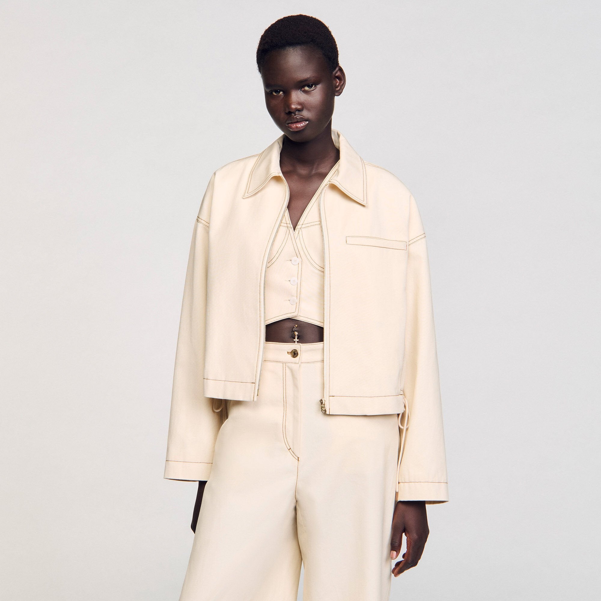 Sandro / Denim lace-up jacket Sand