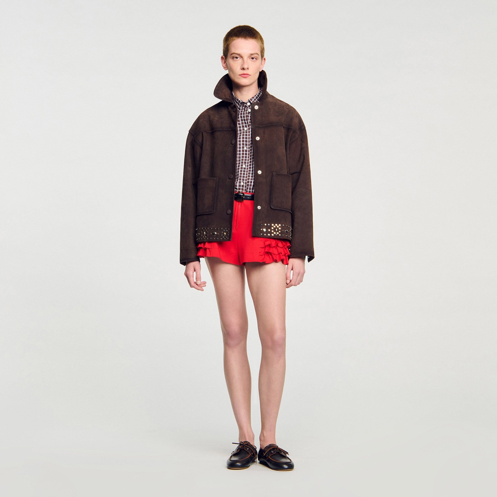 Sandro / Studded suede leather jacket Brown