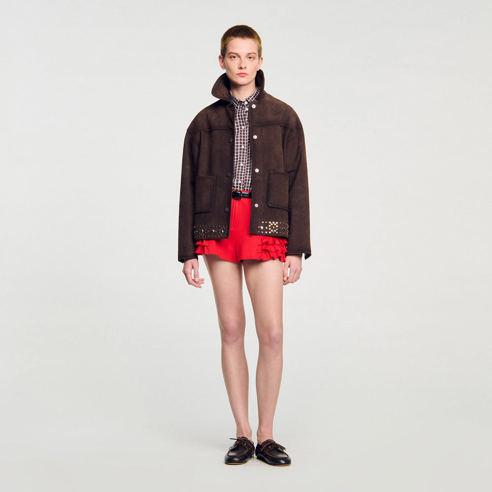 Sandro / Studded suede leather jacket Brown
