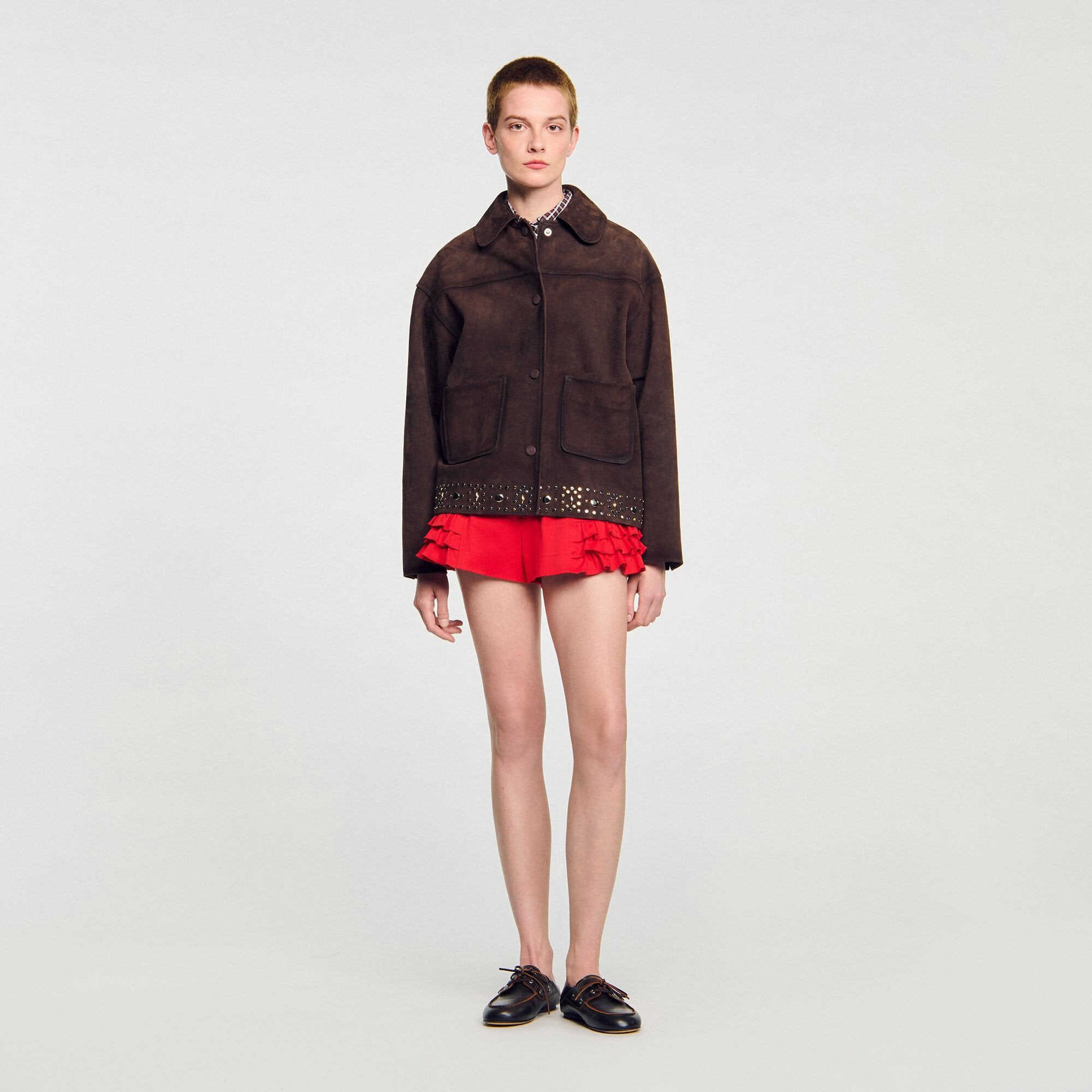 Sandro / Studded suede leather jacket Brown