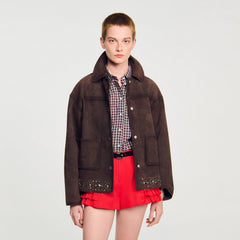 Sandro / Studded suede leather jacket Brown