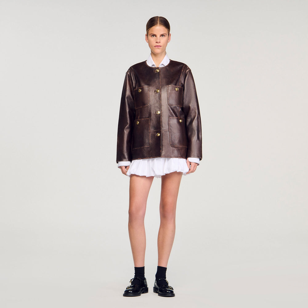 Sandro / Long distressed leather jacket Black Brown