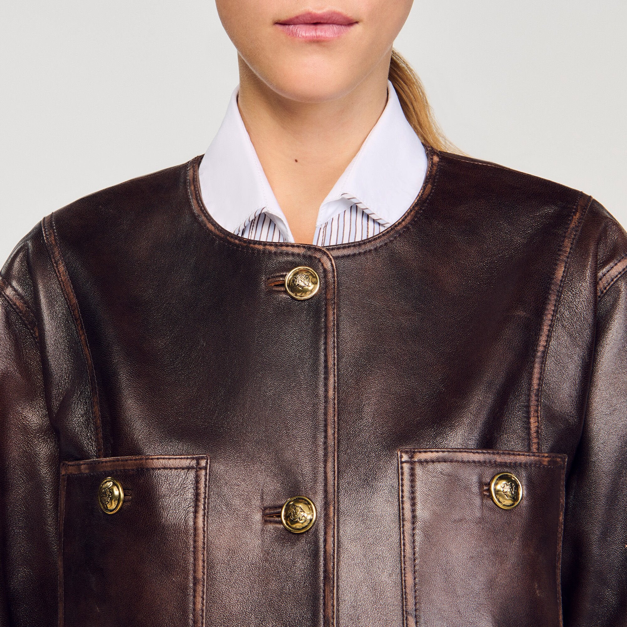 Sandro / Long distressed leather jacket Black Brown