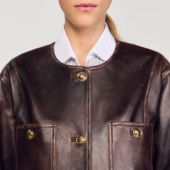 Sandro / Long distressed leather jacket Black Brown