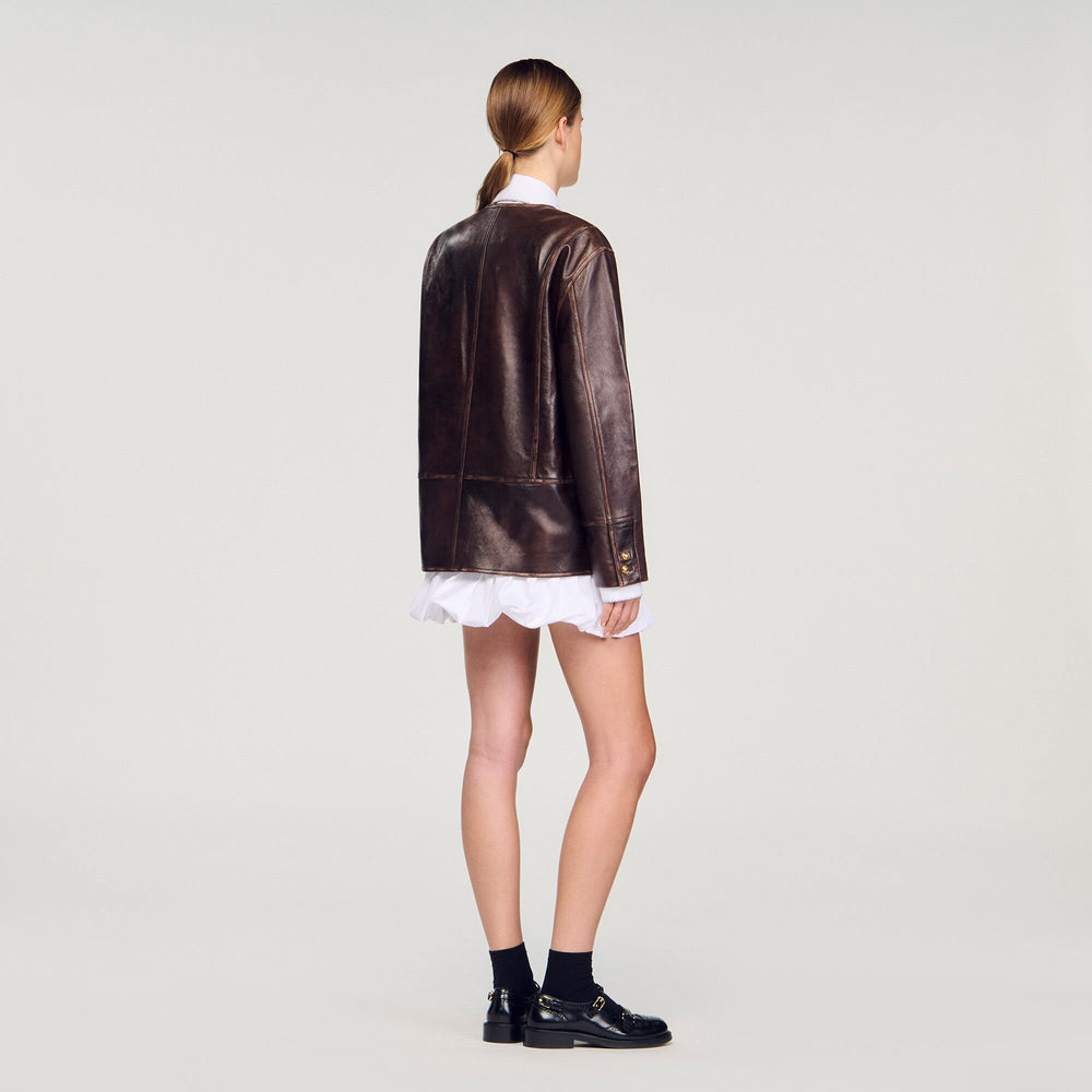 Sandro / Long distressed leather jacket Black Brown