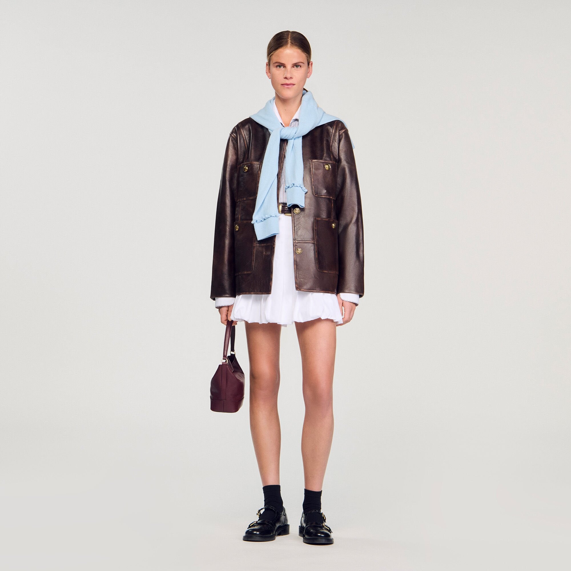 Sandro / Long distressed leather jacket Black Brown