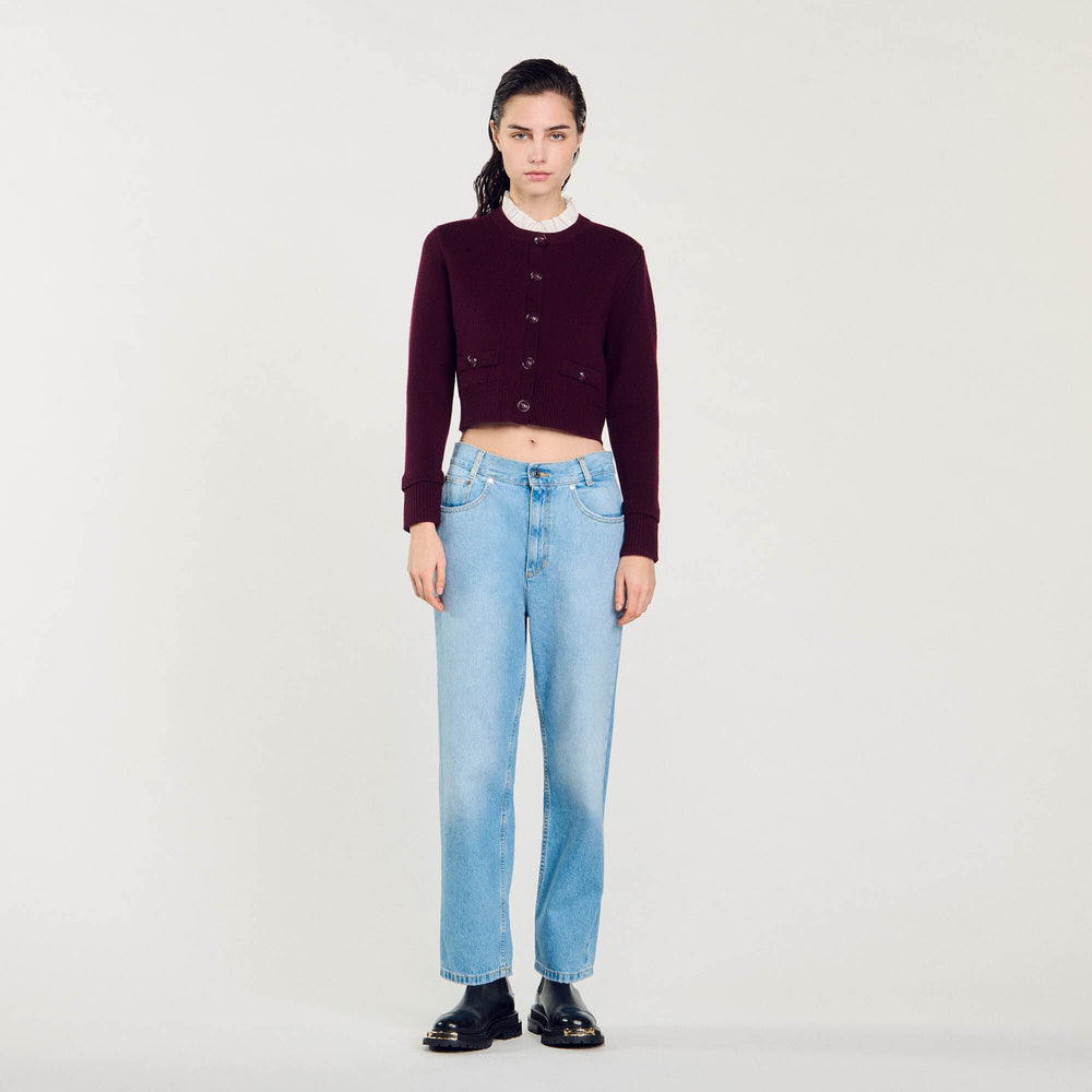 Sandro / Knit cardigan with ruffled collar Bordeaux