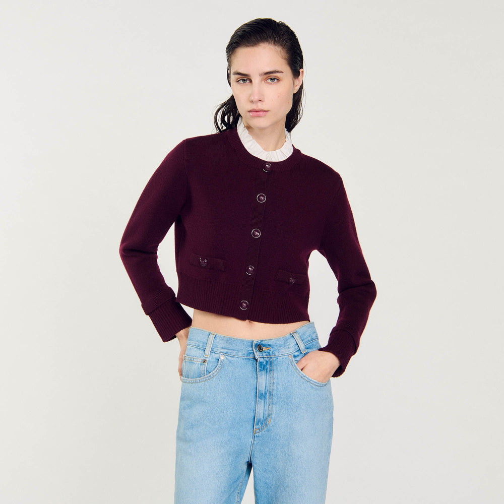 Sandro / Knit cardigan with ruffled collar Bordeaux