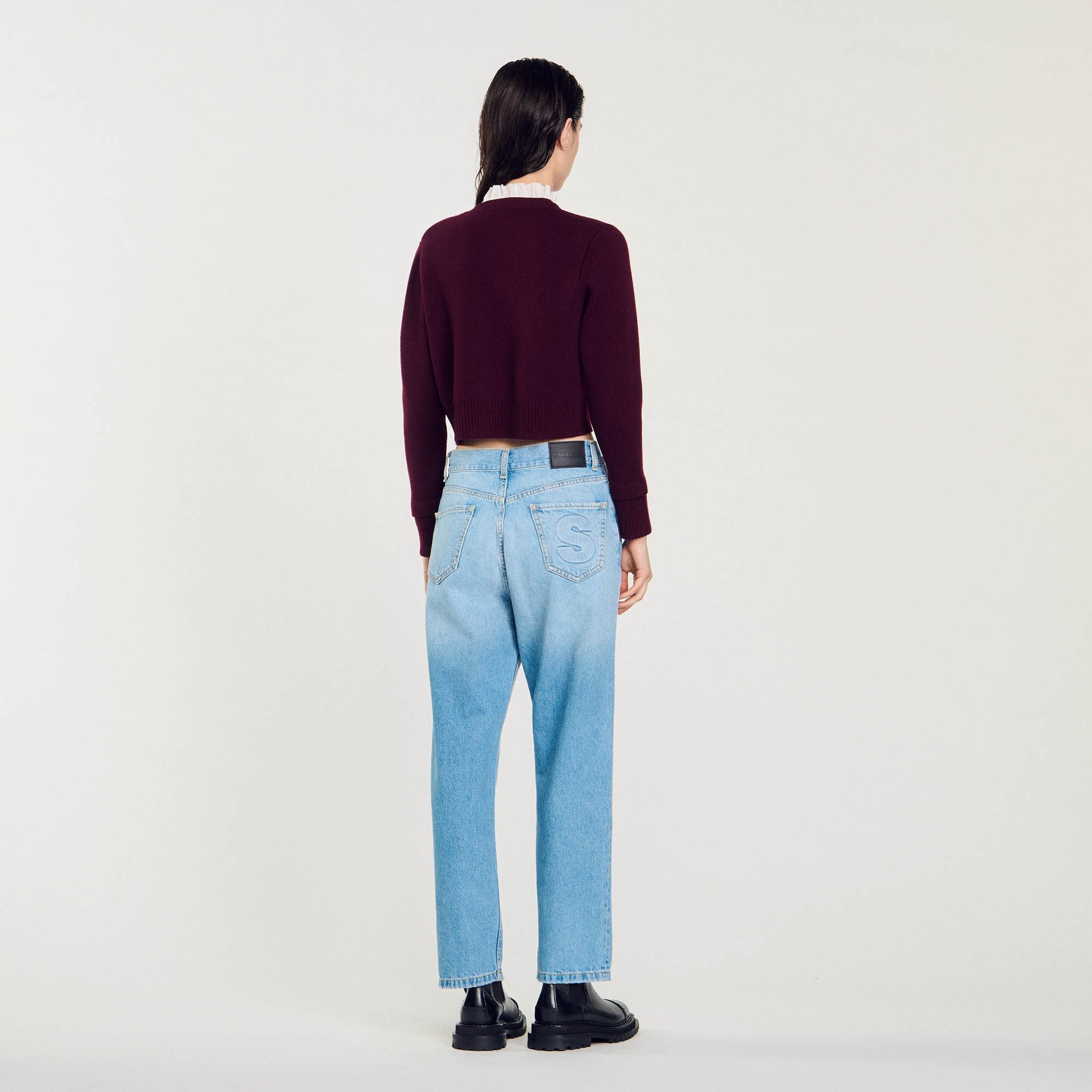 Sandro / Knit cardigan with ruffled collar Bordeaux