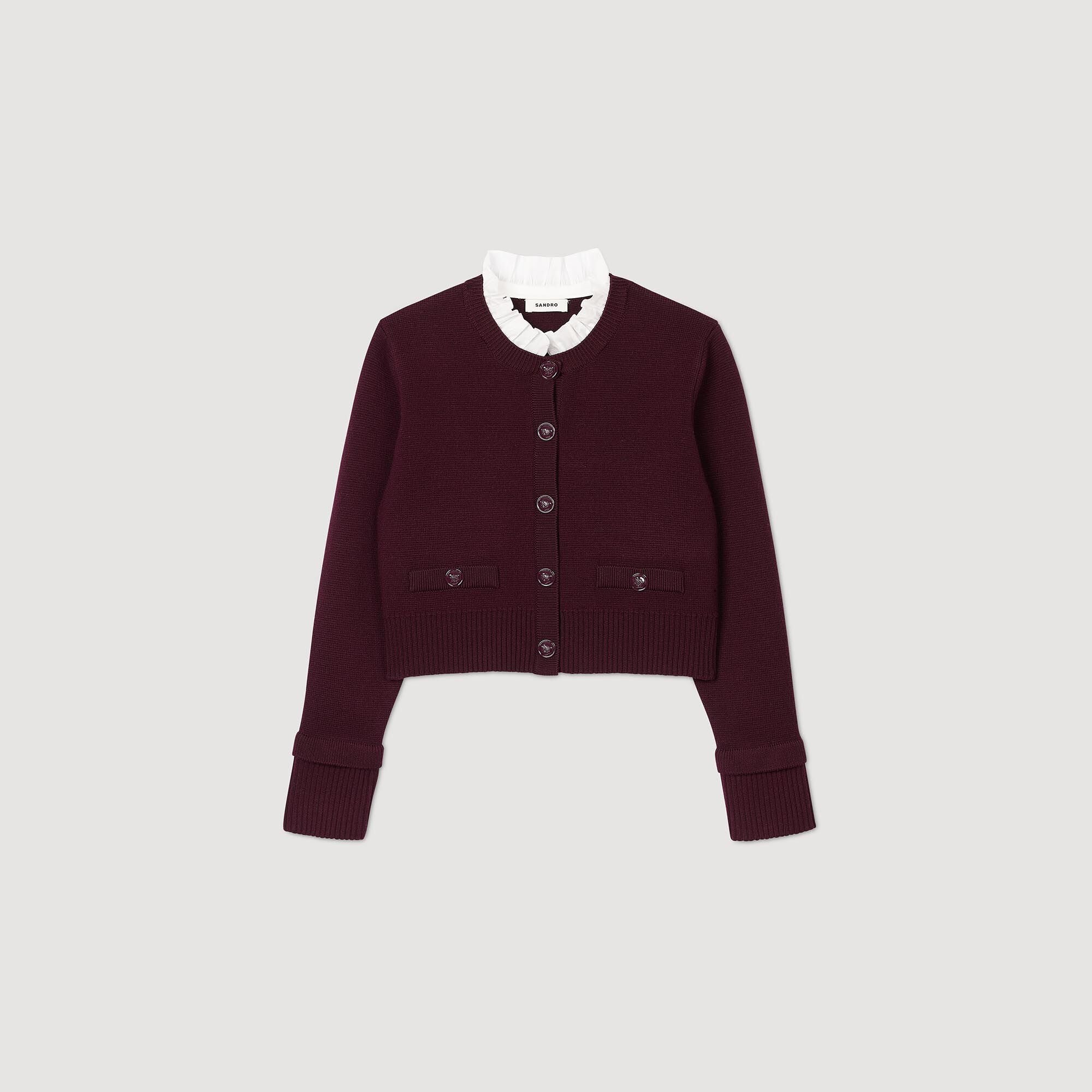 Sandro / Knit cardigan with ruffled collar Bordeaux