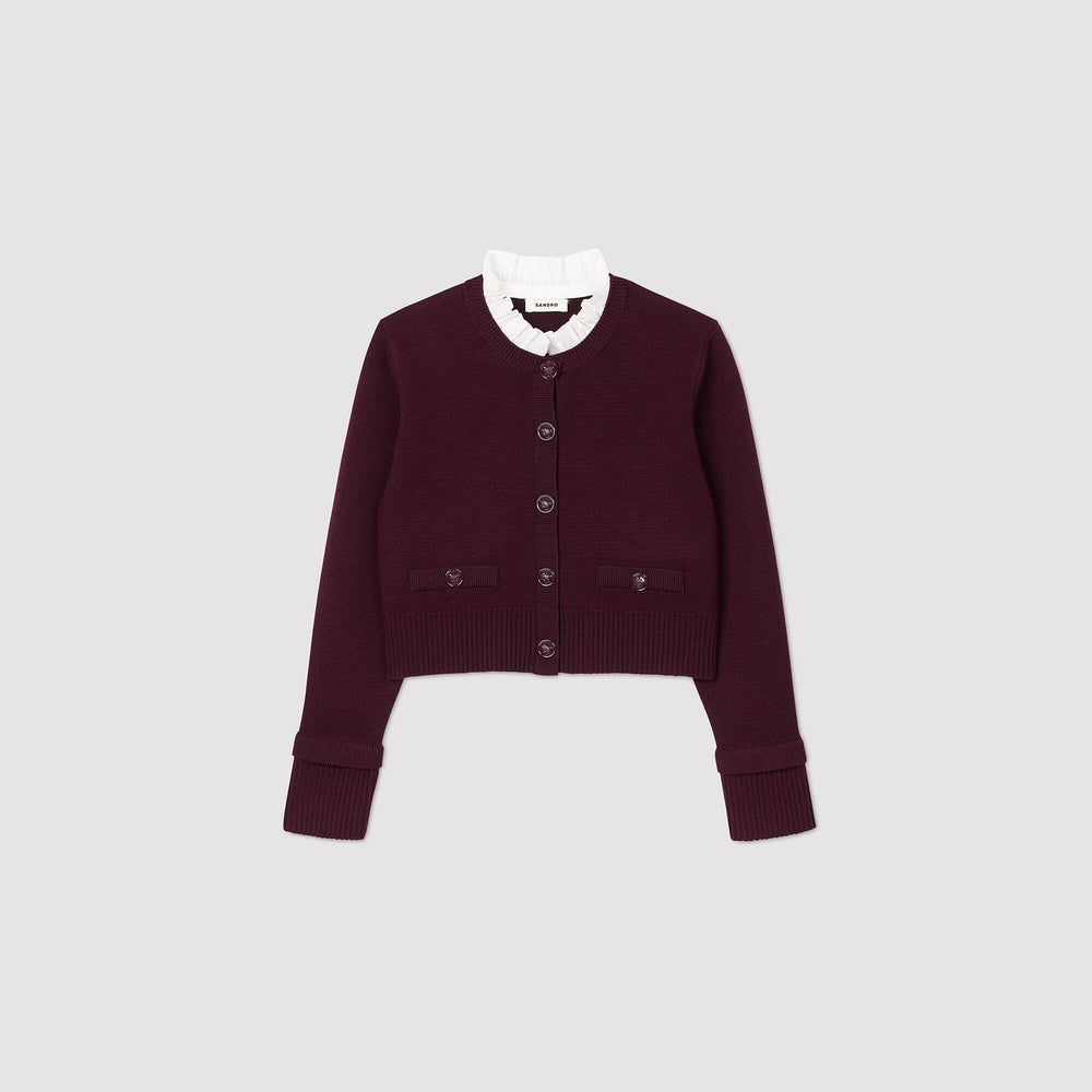 Sandro / Knit cardigan with ruffled collar Bordeaux