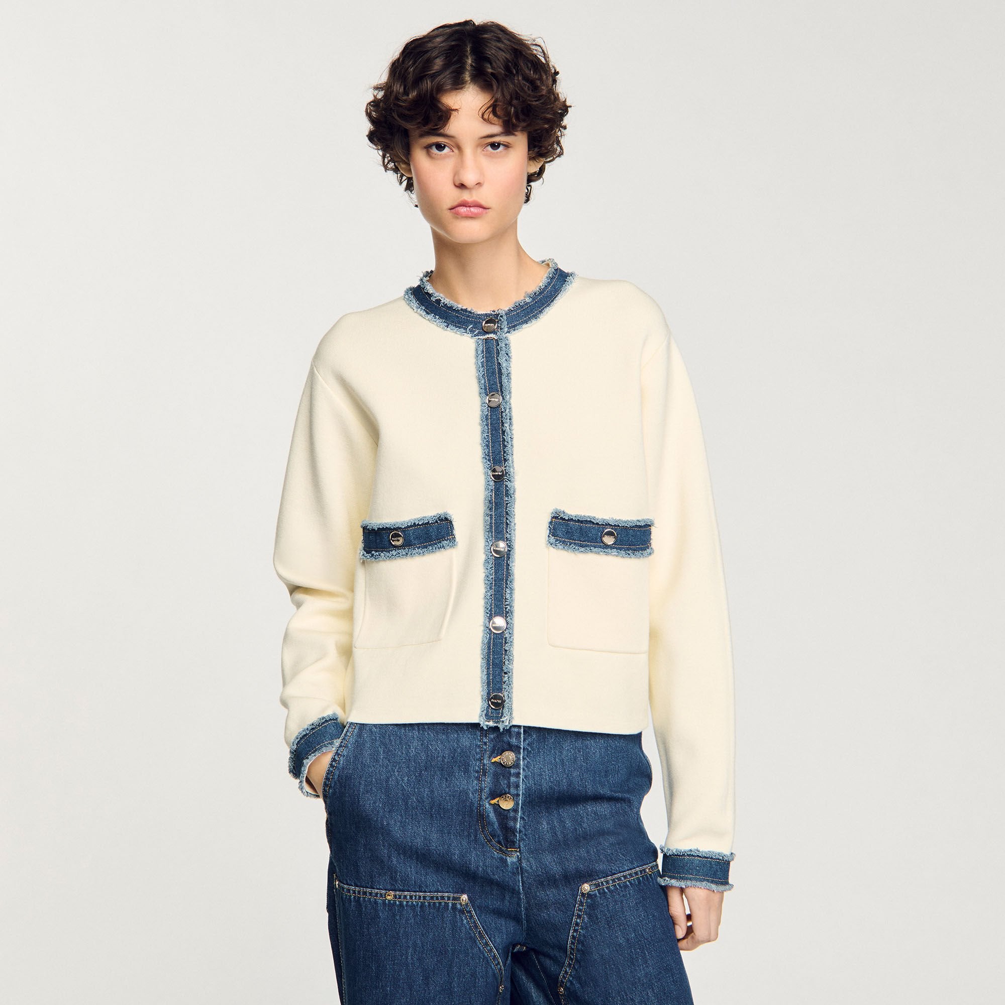 Sandro / Cardigan with denim details Ecru