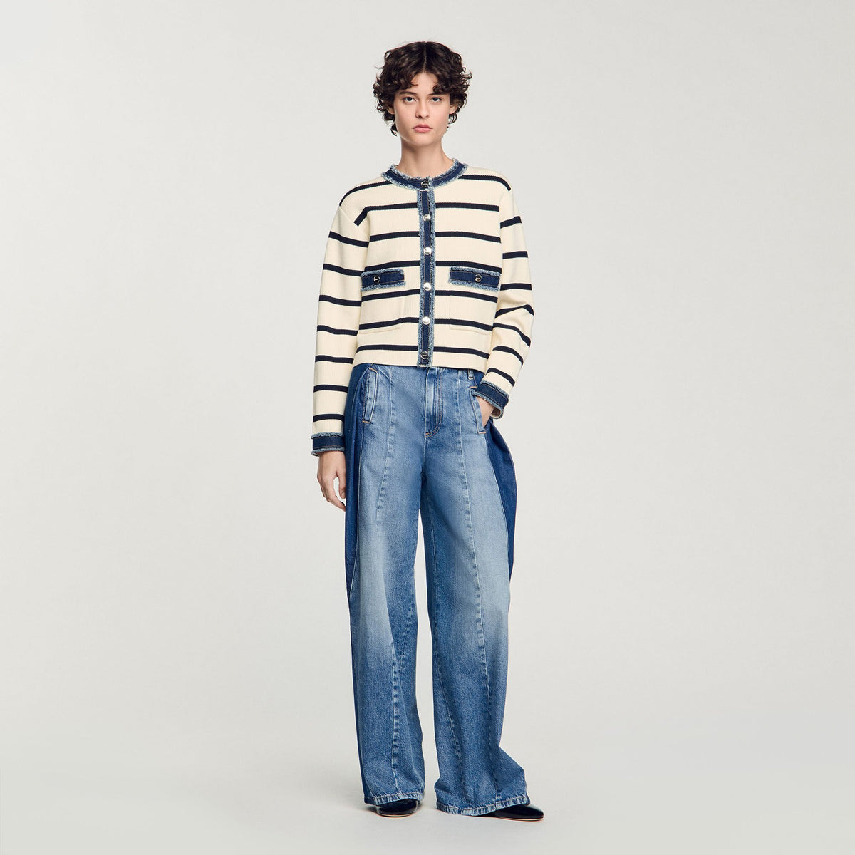 Sandro / Striped cardigan with denim details Ecru