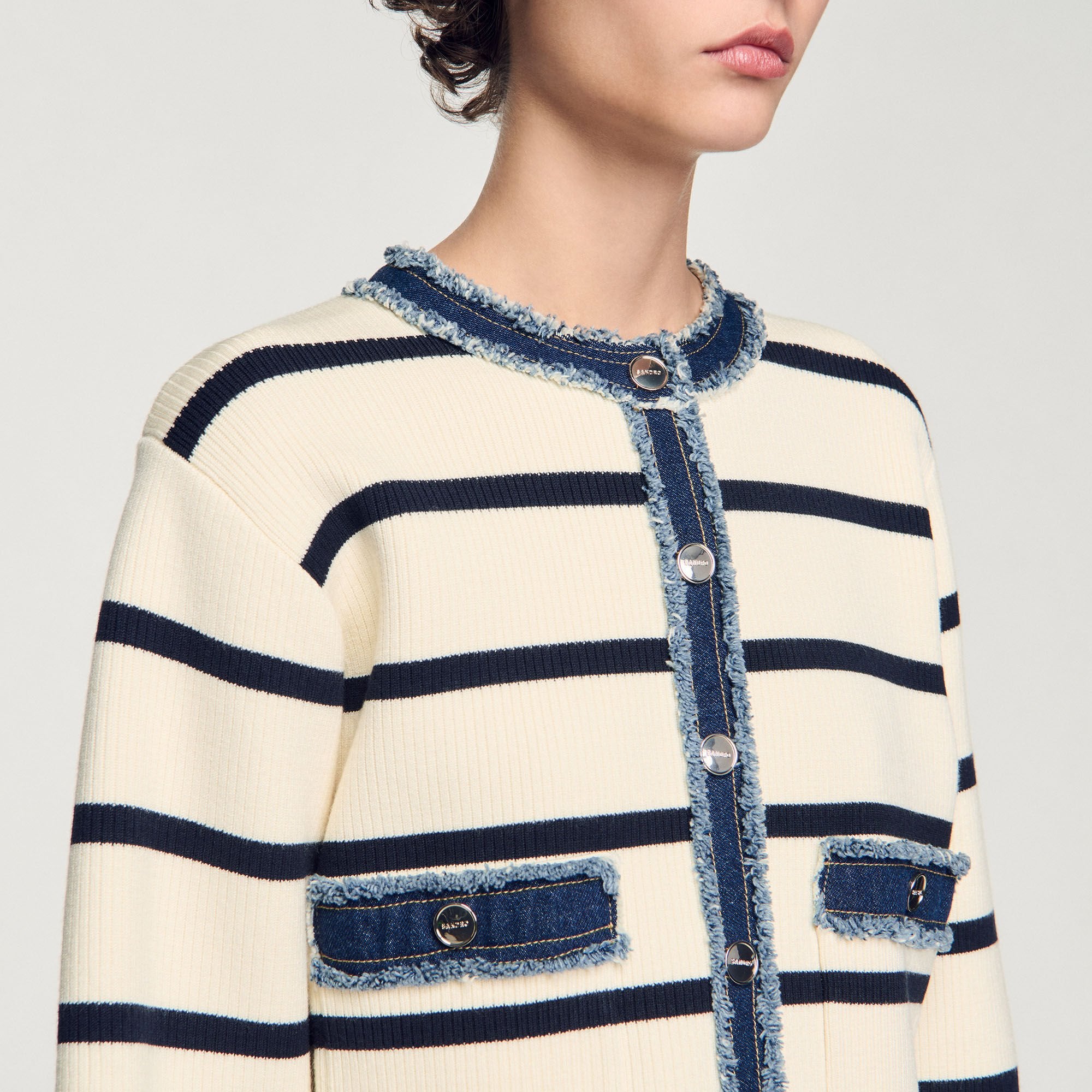 Sandro / Striped cardigan with denim details Ecru