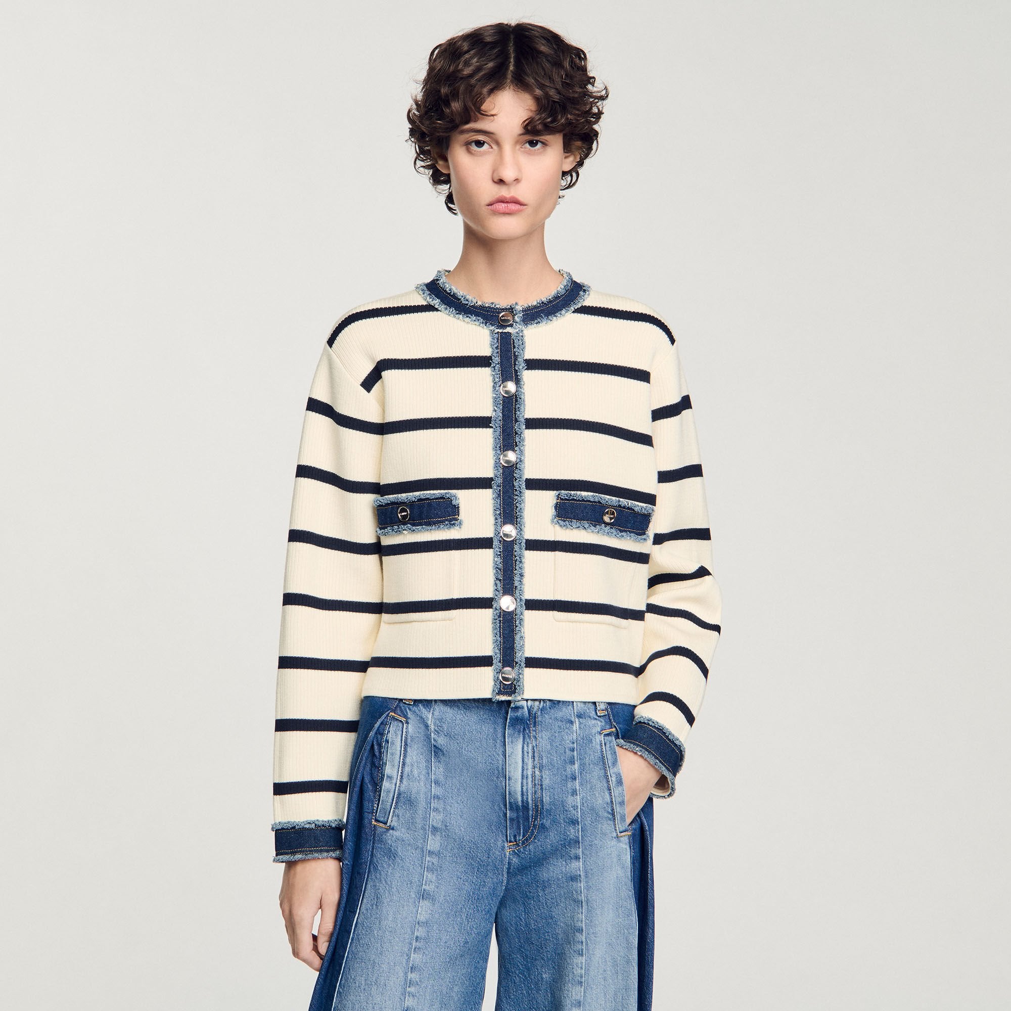 Sandro / Striped cardigan with denim details Ecru