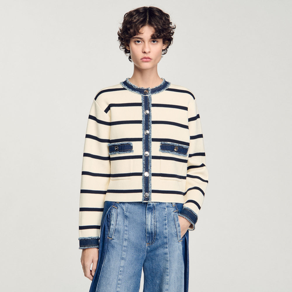 Sandro / Striped cardigan with denim details Ecru