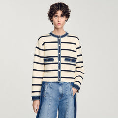 Sandro / Striped cardigan with denim details Ecru