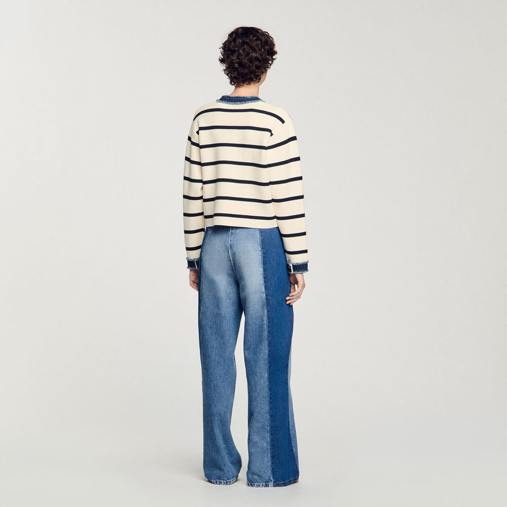 Sandro / Striped cardigan with denim details Ecru