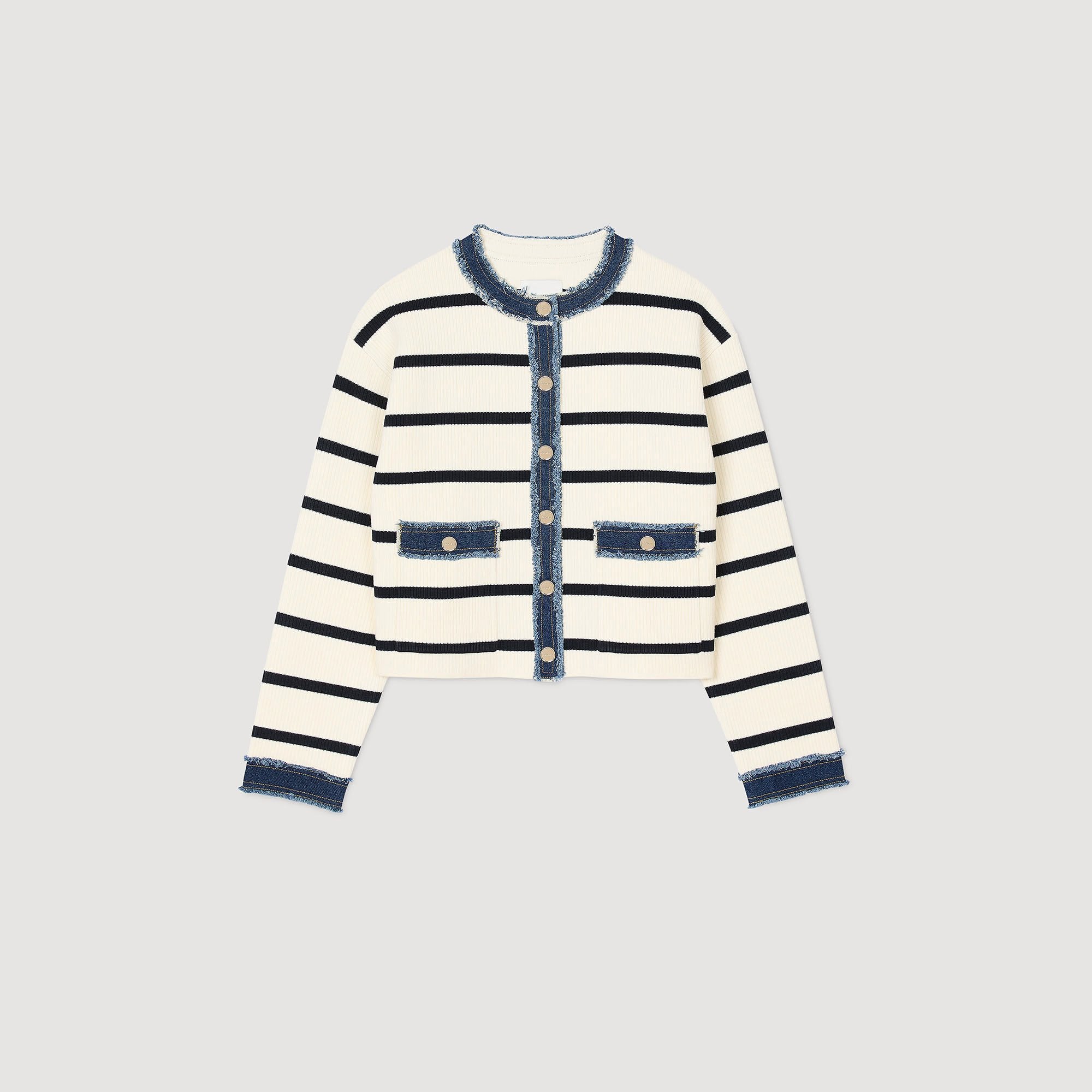 Sandro / Striped cardigan with denim details Ecru
