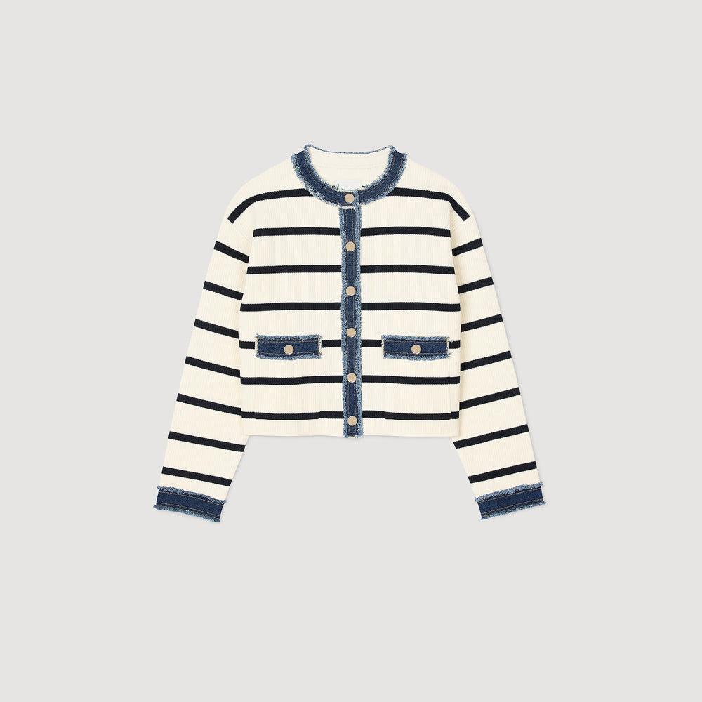 Sandro / Striped cardigan with denim details Ecru