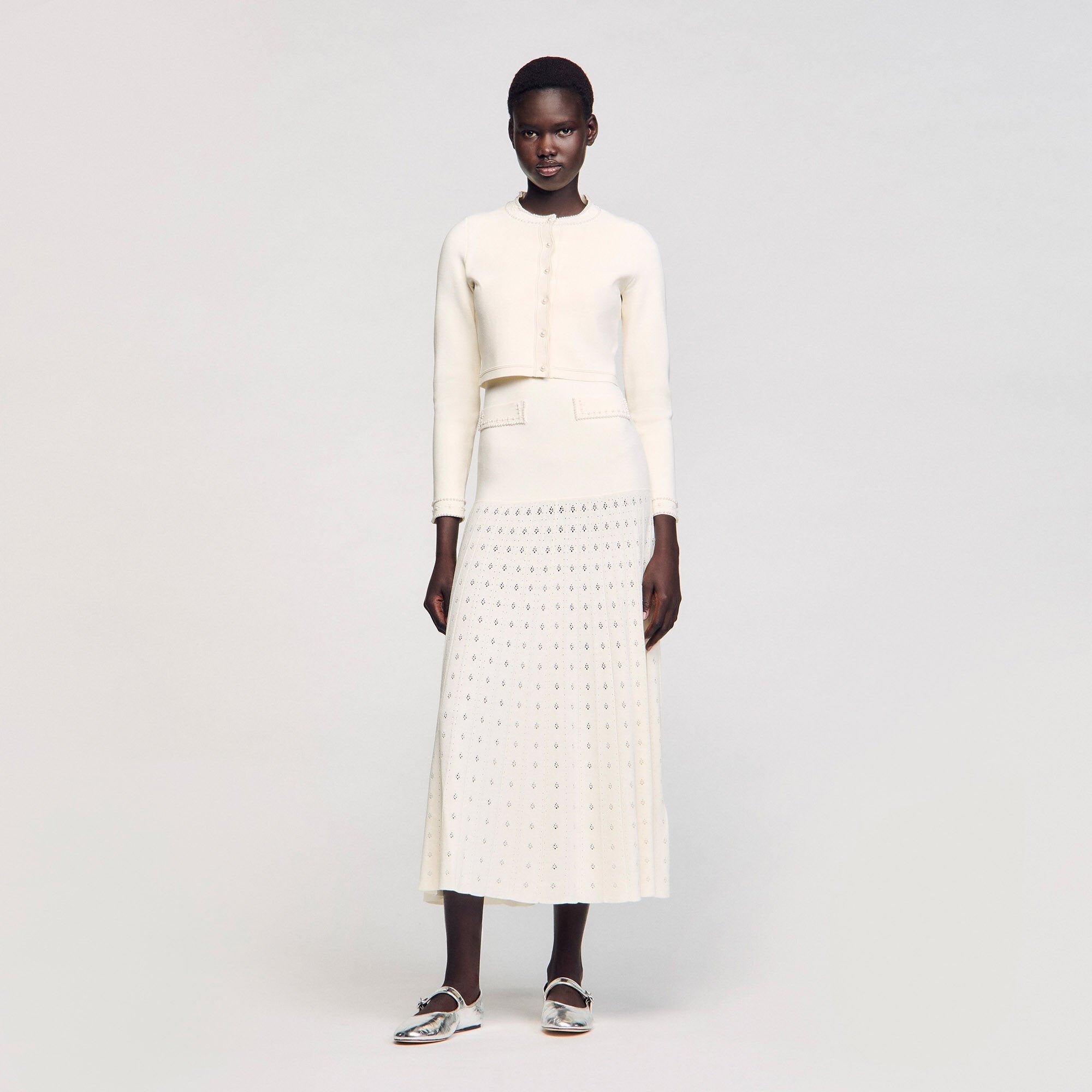 Sandro / Cropped cardigan with pearl buttons Ecru