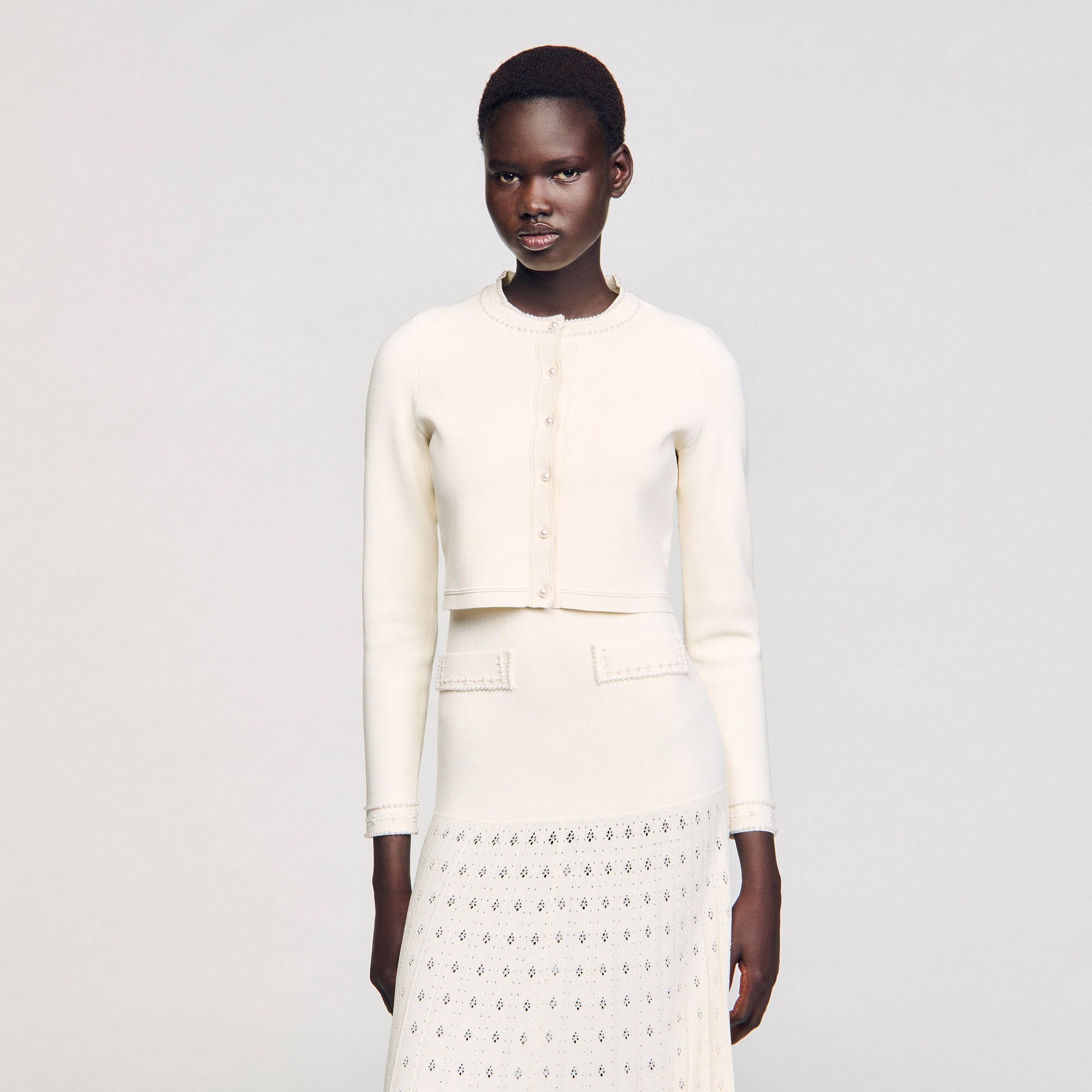 Sandro / Cropped cardigan with pearl buttons Ecru