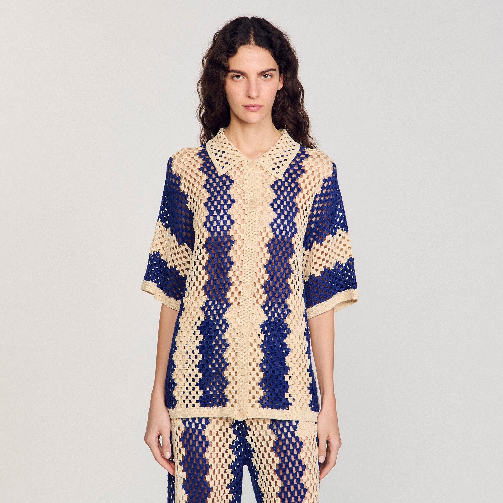 Sandro / Two-tone knit cardigan Blue / Ecru