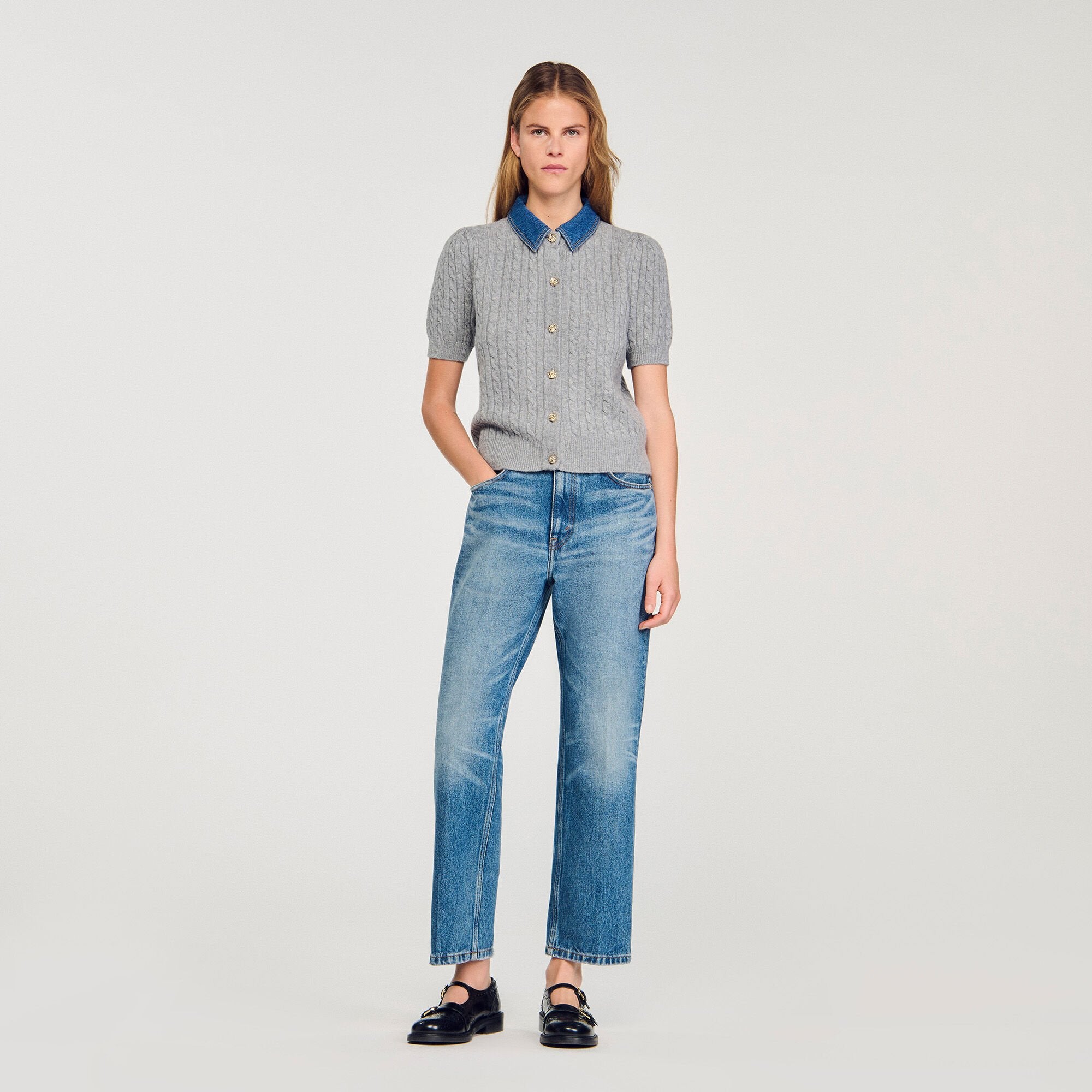 Sandro / Cardigan with denim collar Grey
