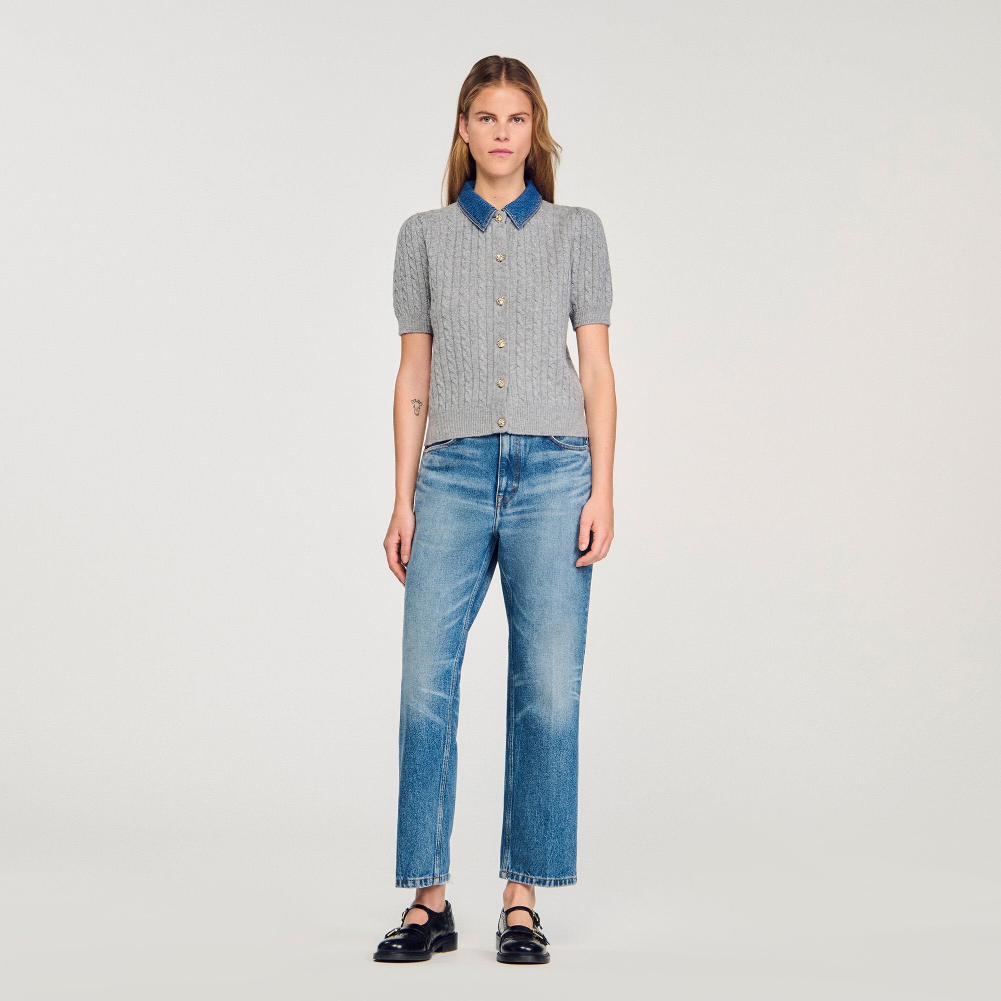 Sandro / Cardigan with denim collar Grey