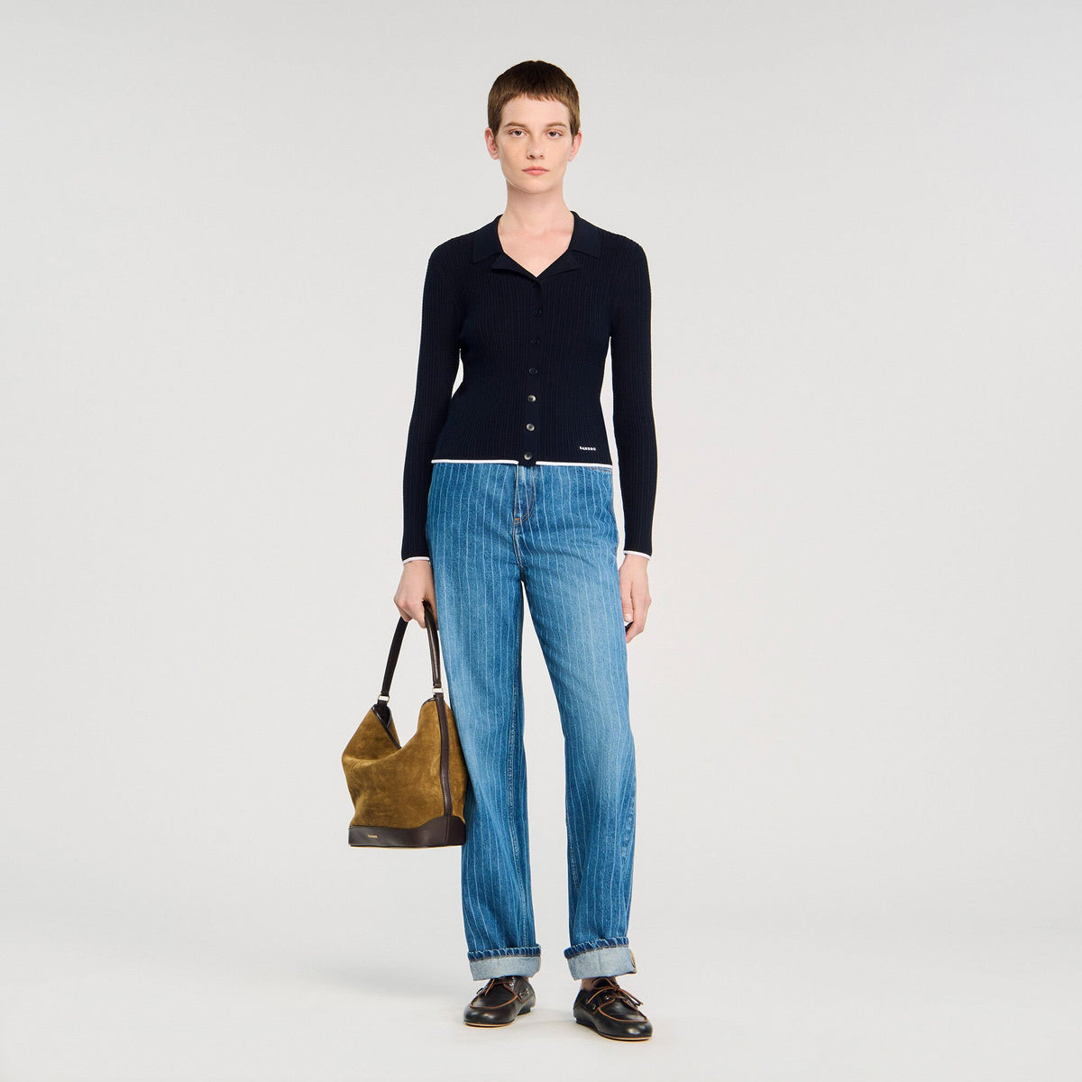 Sandro / Cropped polo collar cardigan Navy Blue