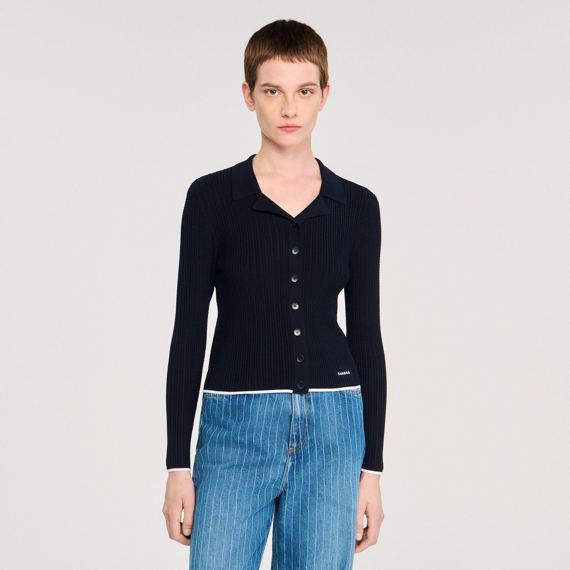 Sandro / Cropped polo collar cardigan Navy Blue