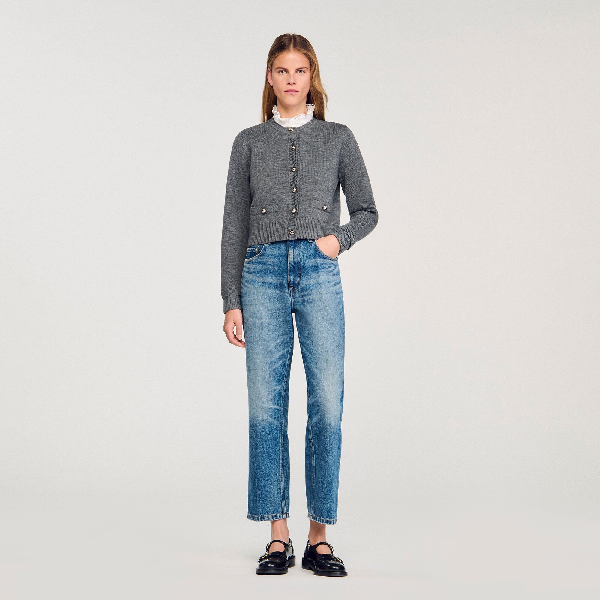 Sandro / Cardigan with detachable ruffle collar Grey