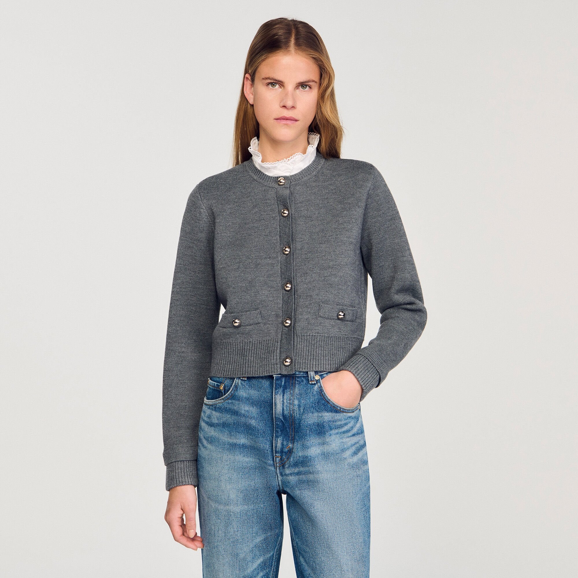 Sandro / Cardigan with detachable ruffle collar Grey