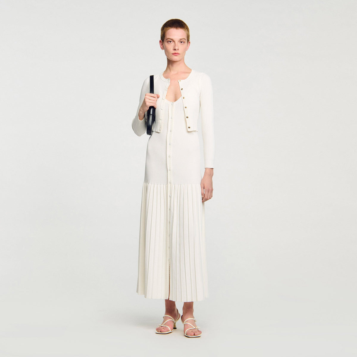 Sandro / Cropped rib knit cardigan Ecru