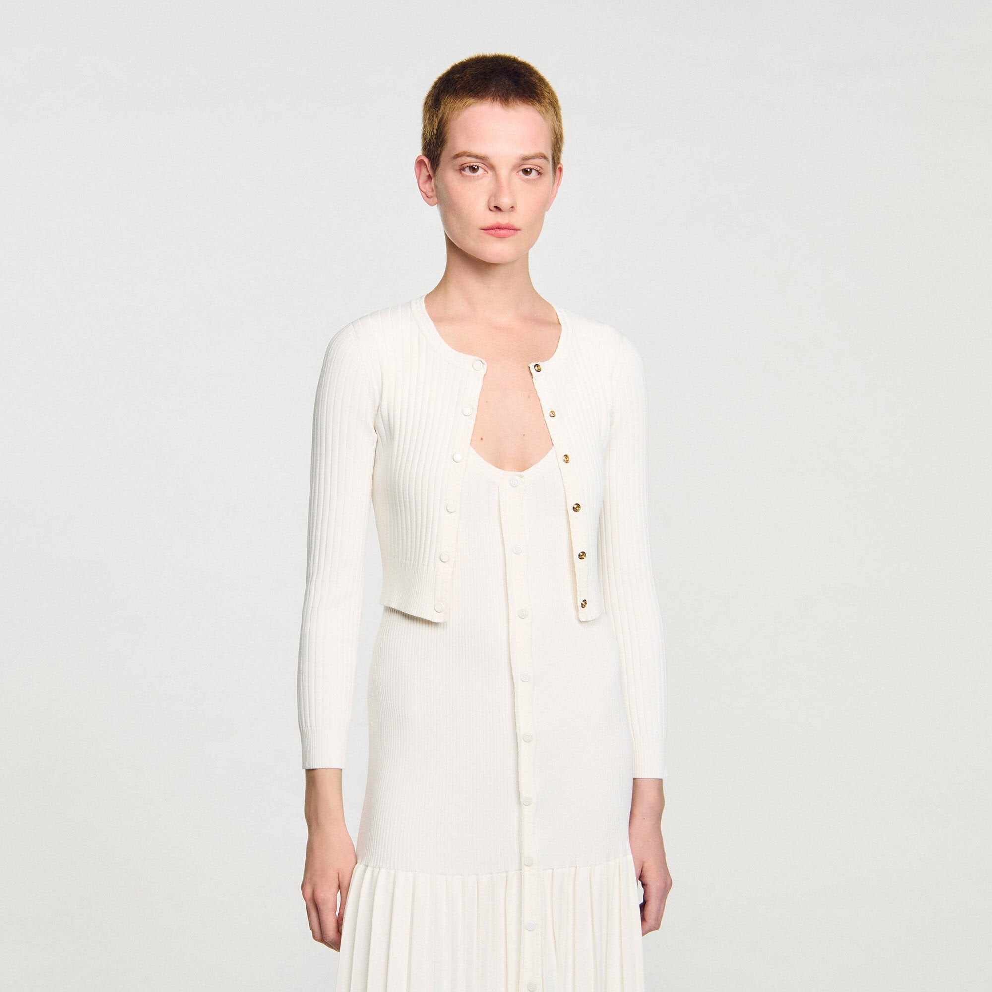 Sandro / Cropped rib knit cardigan Ecru