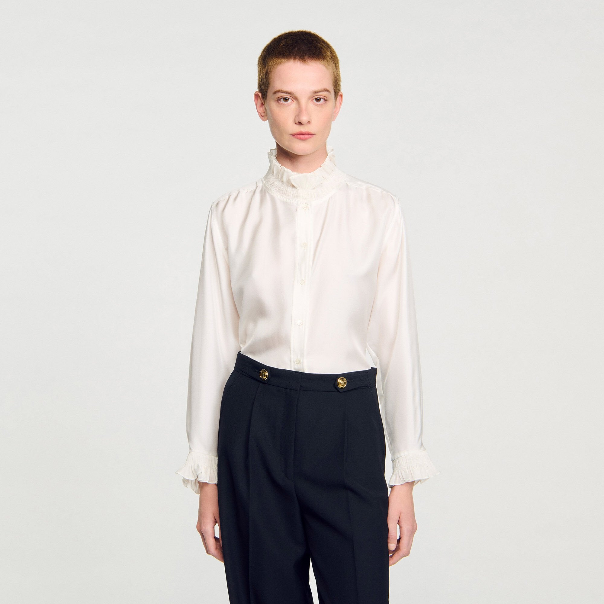 Sandro / Silk shirt with gathered collar Ecru