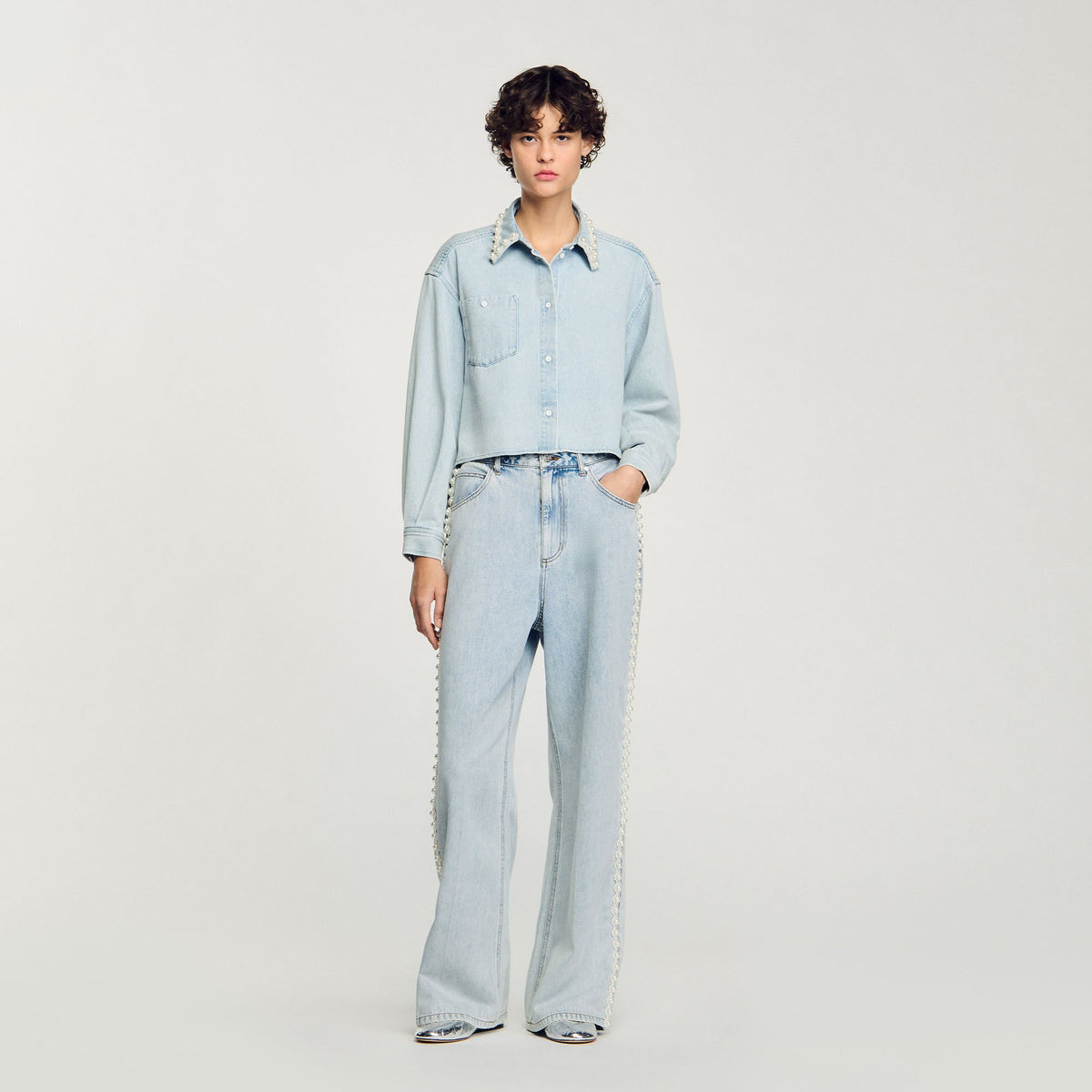 Sandro / Denim shirt with beaded collar Light Bu Jean